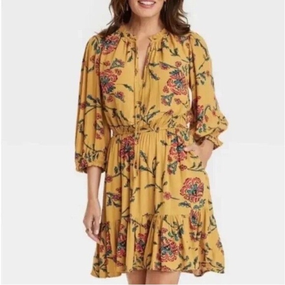 Knox Rose | Yellow Summer Floral Long Sleeves Dress - Size M - Picture 7 of 7